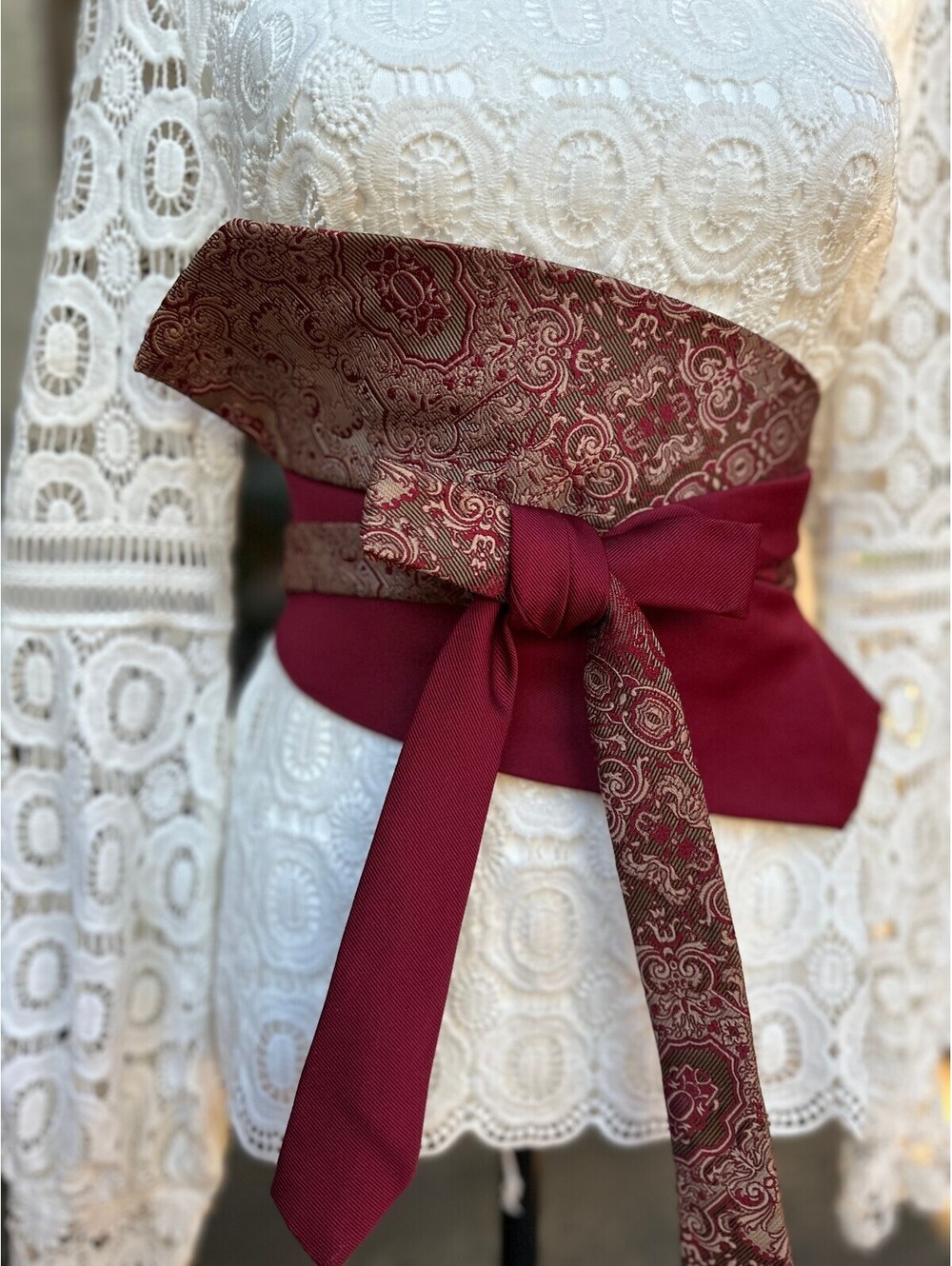 Burgundy and Gold Paisley Upcycled Silk Obi Belt | Corset Style | One of a Kind